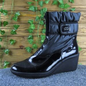 Anne Klein Riches Sport Black Wedge Ankle Boots Zip Up Fabric Leopard Lining 11